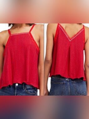 We The Free Ana High Neck Red Ribbed Lace-Trim Tank Size XS